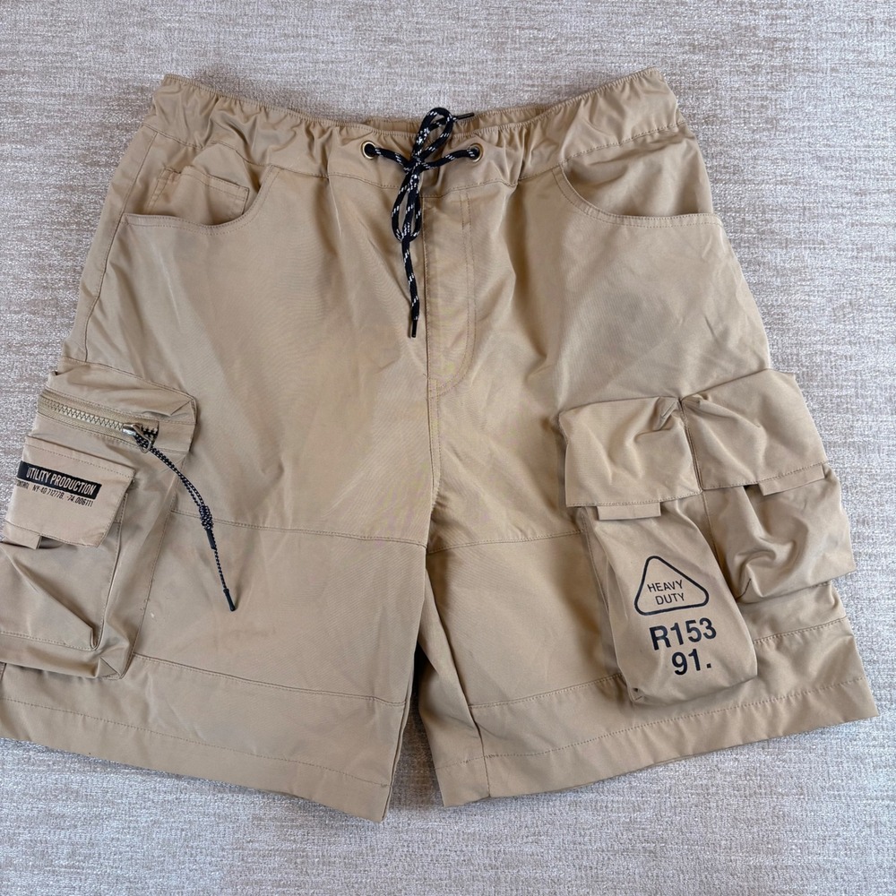 Smoke Rise Mens Khaki Tan Utility Cargo Shorts Gorpcore Techwear Streetwear MED
